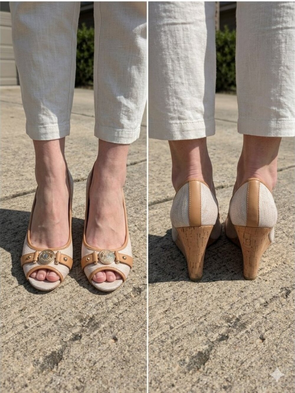 Tommy Hilfiger Tatiana Peep Toe Wedge Heel Beige Tweed Cork Logo Size 10M Preppy